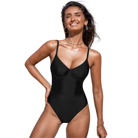Cupshe Women's Black Cheeky Underwire Tummy Control One Piece Swimsuit Large - Picture 2 of 7